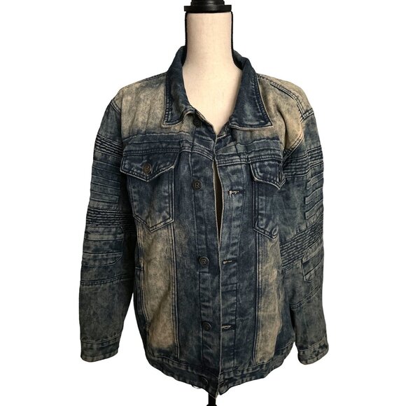 Jean Jacket LR Scoop Acid Wash Textured Cotton Viscose Button Up Retro Large - Picture 1 of 10